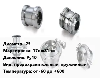 Клапан нержавеющий вакуумный 25 17нж81нж Ру10 предохранительный, пружинный от -60 до +600